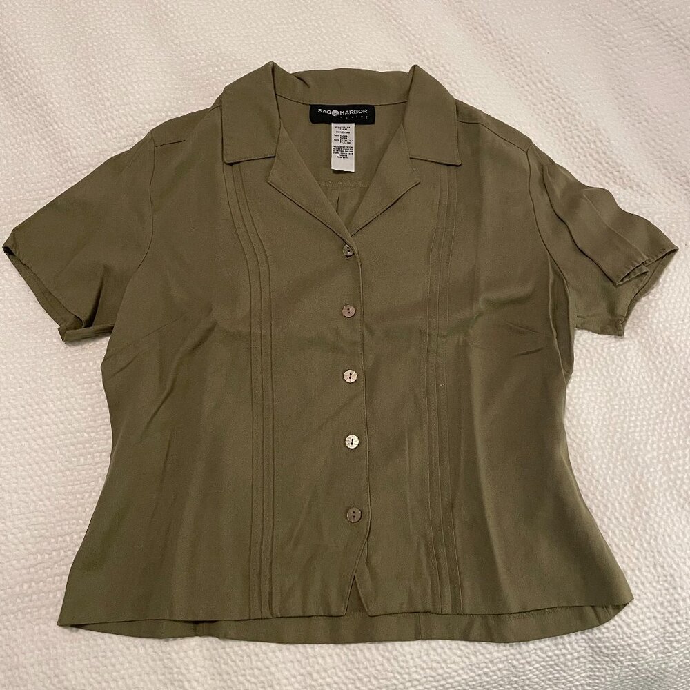 Vintage Sag Harbor Petite Olive Green Short Sleeve Blouse - Petite Medium